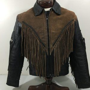WOMEN FRINGE DISTRESS LEATHER JACKET WITH CONCHOS LEATHERWEAR BRAND MOTO SZ 12